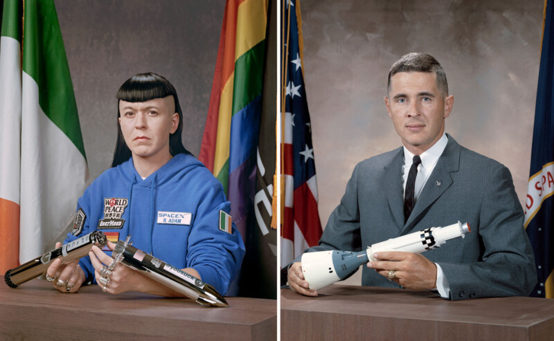 A split image: on the left, a person in a blue jacket with patches sits in front of Irish and rainbow flags, holding a model rocket; on the right, a man in a suit holds a similar model rocket before U.S. and NASA flags.