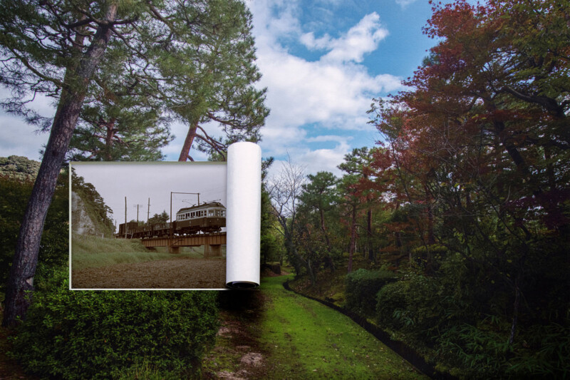 A large photo print of a city scene with a tram is partially unrolled over a lush, green park filled with trees, blending urban and natural landscapes under a partly cloudy sky.