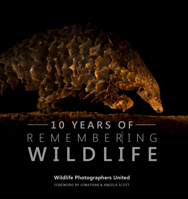 A pangolin walks across a dark background above the text "10 Years of Remembering Wildlife," promoting a book by Wildlife Photographers United. Foreword by Jonathan & Angela Scott.