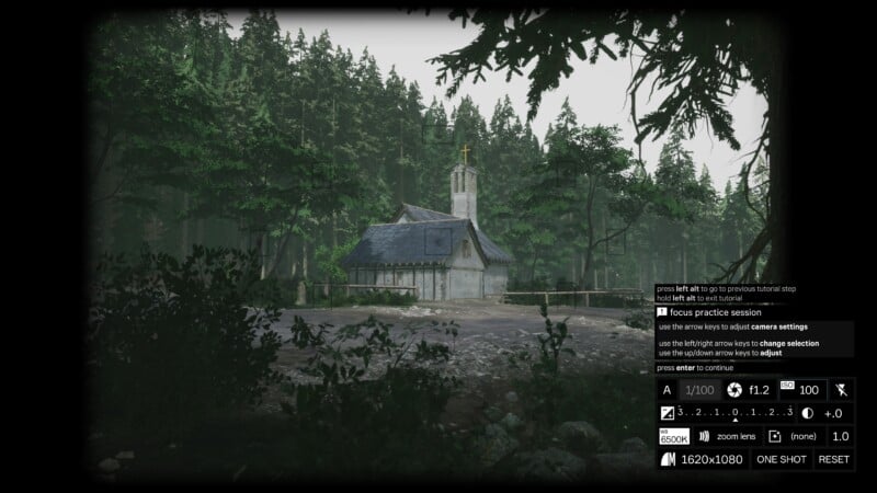 A quaint church with a cross on its steeple nestled among a dense forest. The foreground features a rocky path with shrubs. Camera settings overlay appears on the right side of the image.