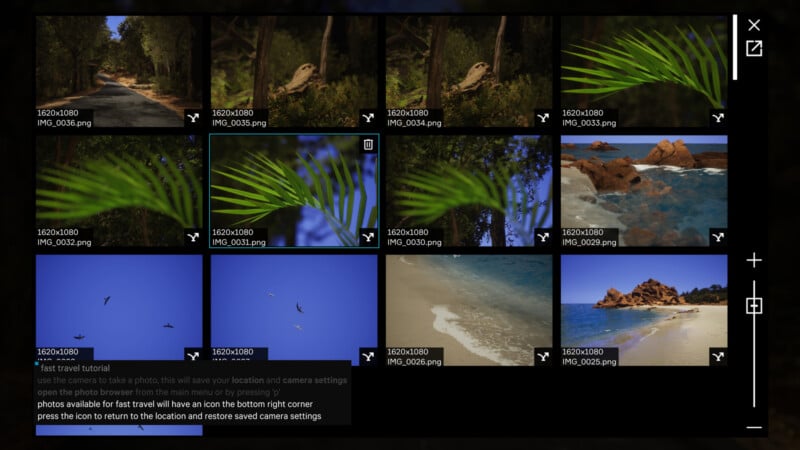 A grid of nature photos including birds in trees, green leaves, a beach, and rocky shorelines. Some thumbnails show a clear blue sky with birds flying. The interface has file names and resolution info. Text below offers fast travel and photo mode instructions.