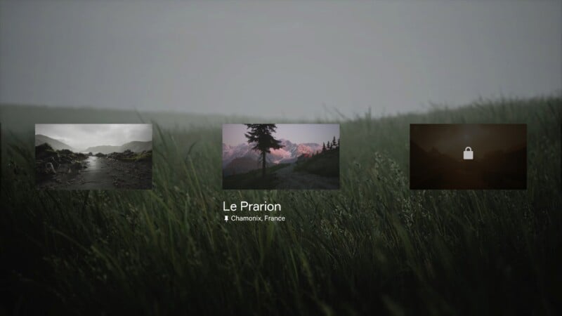 A hazy grass field with three mountain photographs overlaid. The center photo shows a tree and mountains at sunset labeled "Le Prarion, Chamonix, France." The left photo shows a rocky landscape, and the right photo has a lock icon.