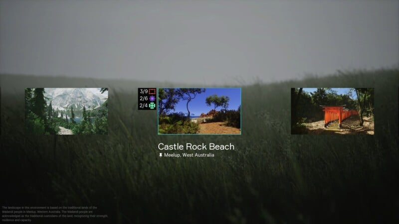 A misty grass field is the backdrop for three small images. From left to right: a snowy mountain, a sunny beach labeled "Castle Rock Beach Meelup, West Australia,” and a red bridge. Icons with miniature images appear above each main image.