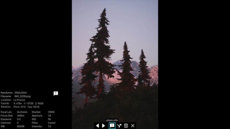 Silhouetted evergreen trees stand against a twilight sky, with faintly visible mountains in the background. The scene is serene and peaceful, capturing the quiet beauty of nature at dusk.