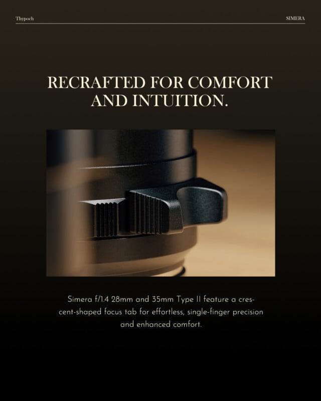A close-up of a camera lens with a crescent-shaped focus tab, designed for single-finger precision and comfort, set against a dark background with the text: “RECRAFTED FOR COMFORT AND INTUITION.”.