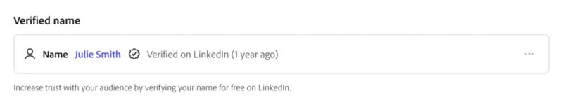 A profile section showing "Verified name" with the name "Julie Smith," a verification badge, and "Verified on LinkedIn (1 year ago)" beside it. Text below encourages verifying your name for free on LinkedIn.
