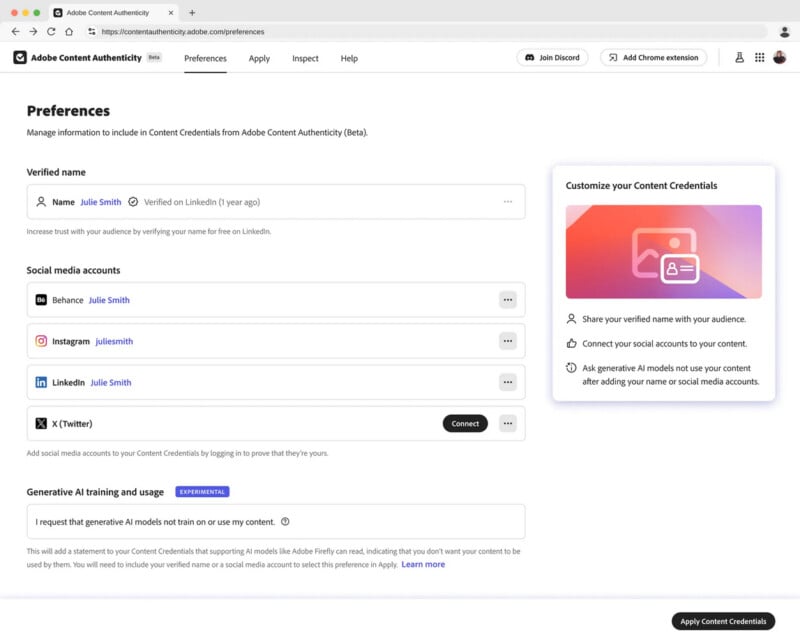A web page showing Adobe Content Authenticity Preferences. Visible fields include verified name, social media accounts, AI training toggle, and a panel to customize content credentials, with an "Apply Content Credentials" button at the bottom right.