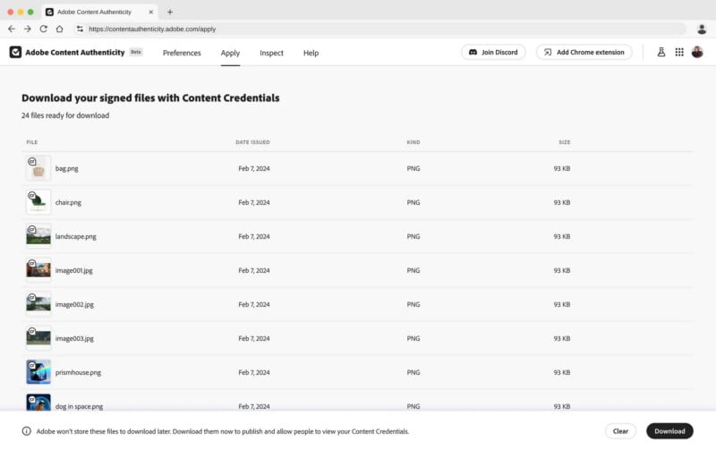 A webpage displays a list of eight PNG image files ready for download, including names like "he.png" and "chairs.png," with download and clear buttons at the bottom. The page header is "Download your signed files with Content Credentials.