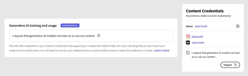 A digital interface showing a form titled "Generative AI training and usage" with a statement requesting AI models not to use the user's content, alongside a profile summary for "Julie Smith" and a record of this request.