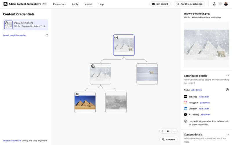 A screenshot of Adobe Content Credentials showing an image history tree. The main image is snowy pyramids, with branches to related images: snowy scenes, a snowy plain with a camel, traditional pyramids, and a snowy landscape.