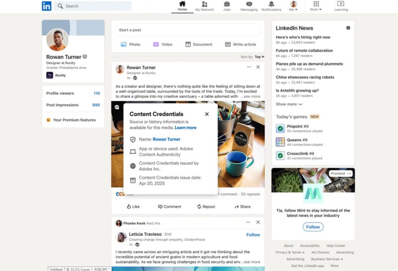 A LinkedIn profile page for Rowan Turner, showing a post about creative work. A popup titled "Content Credentials" displays Rowan’s name, linked accounts, and issue date details. The right sidebar lists LinkedIn news and suggested connections.