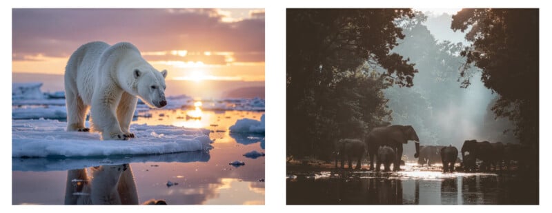 A polar bear walks on floating ice at sunset, while a herd of elephants stands in a sunlit forest clearing in the early morning mist.