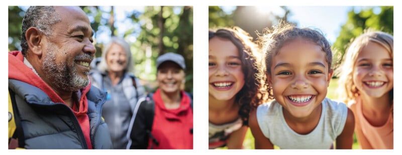 On the left, three older adults smile outdoors, one man in focus. On the right, three young girls laugh closely together in a sunny, green park. Both images capture joyful moments outside.