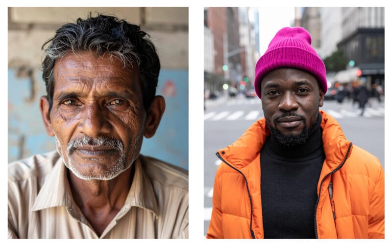 Side-by-side portraits: an older man with gray hair and a striped shirt, looking serious; a younger man in an orange jacket and purple beanie, standing on a city street and smiling slightly.