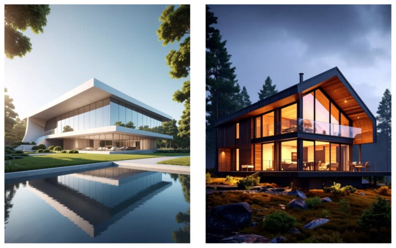 Side-by-side images: left, a modern white house with sharp lines and large windows, reflected in a rectangular pool; right, a cozy wooden cabin with warm lights, surrounded by trees and rocks at dusk.