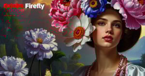A woman with large, colorful flowers in her hair and around her, wearing pearls, poses against a scenic outdoor backdrop; “Adobe Firefly” logo appears in the upper left corner.