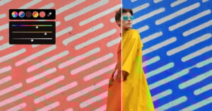 A person in a yellow coat and blue sunglasses stands against a wall divided into red and blue halves with white diagonal lines, next to an on-screen color adjustment panel.