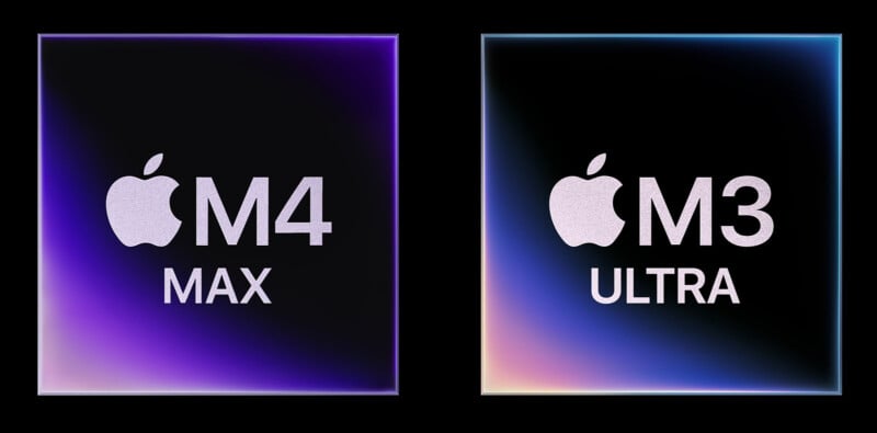 Two square shapes display Apple chip designs on a dark background. The left shows "M4 MAX" with a purple gradient. The right shows "M3 ULTRA" with a multicolor gradient. Both feature the Apple logo above the text.