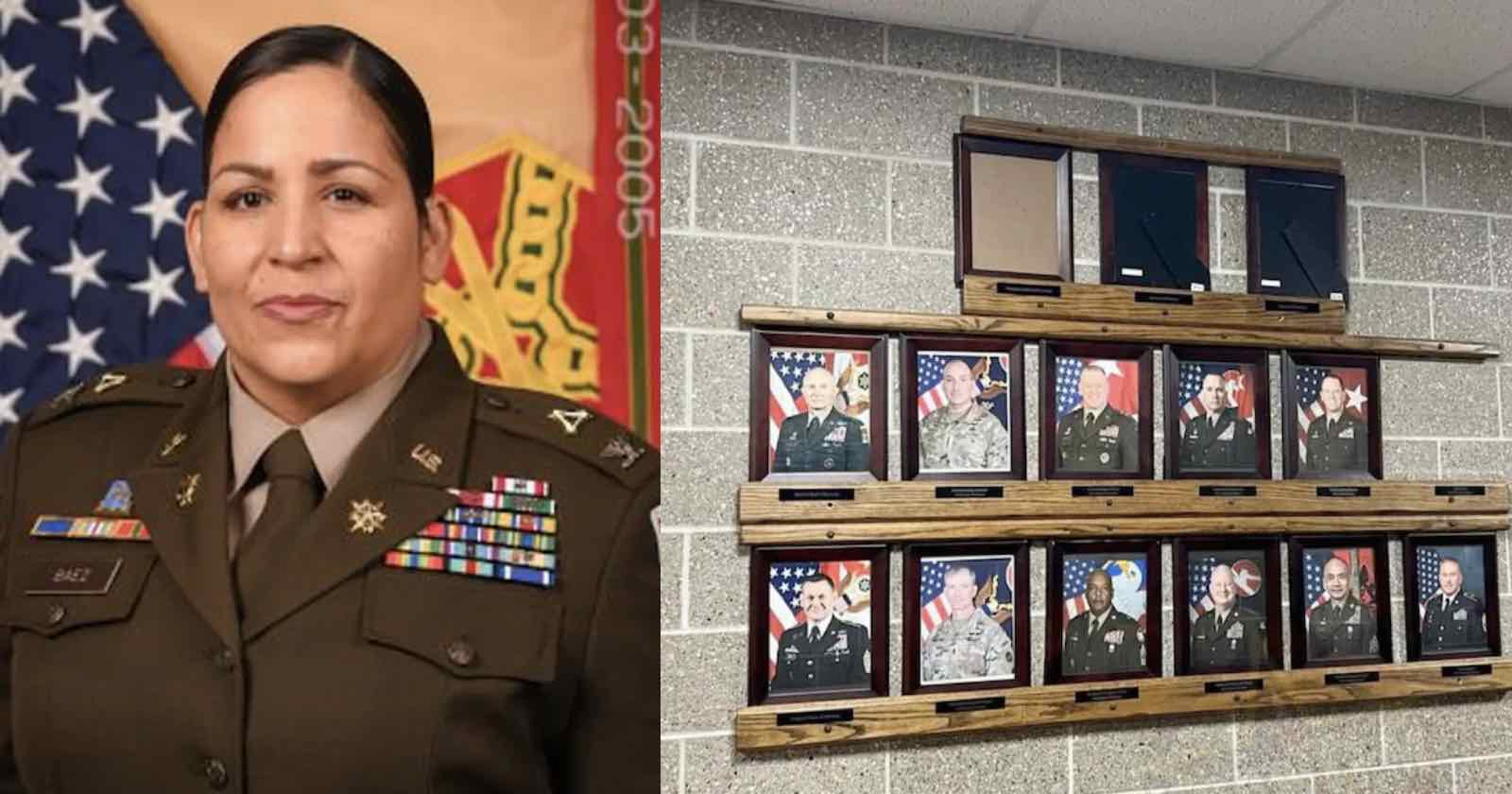 A woman in military uniform stands in front of U.S. flags; next to her is a wall display of framed military portraits in two rows, with three empty frames above them.