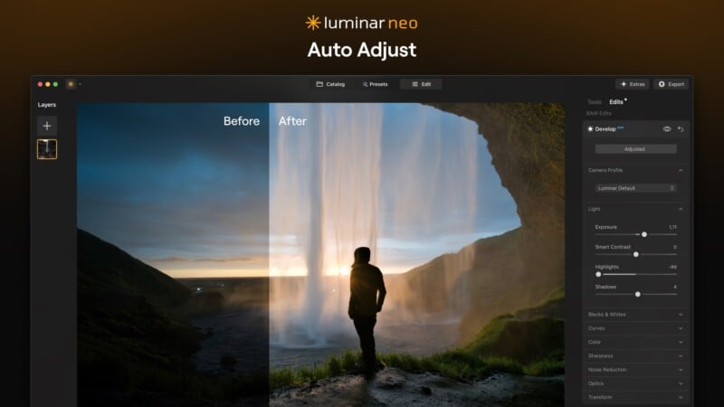 A photo editing software window shows a "Before" and "After" of a landscape image with a person standing by a waterfall; the edited side is brighter and more colorful, demonstrating auto adjust features.