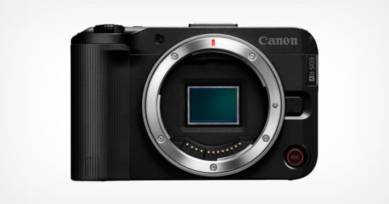 A Canon EOS R5C camera body displayed against a plain background, showcasing its sensor and lens mount. The camera features a prominent grip, various control buttons, and its model name on the side.