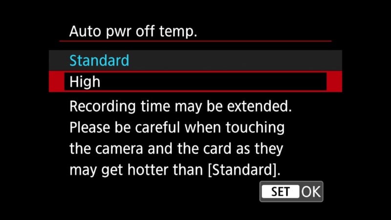 Settings menu showing "Auto pwr off temp." Options are "Standard" (highlighted) and "High." A warning reads: "Recording time may be extended. Please be careful when touching the camera and the card as they may get hotter than [Standard].