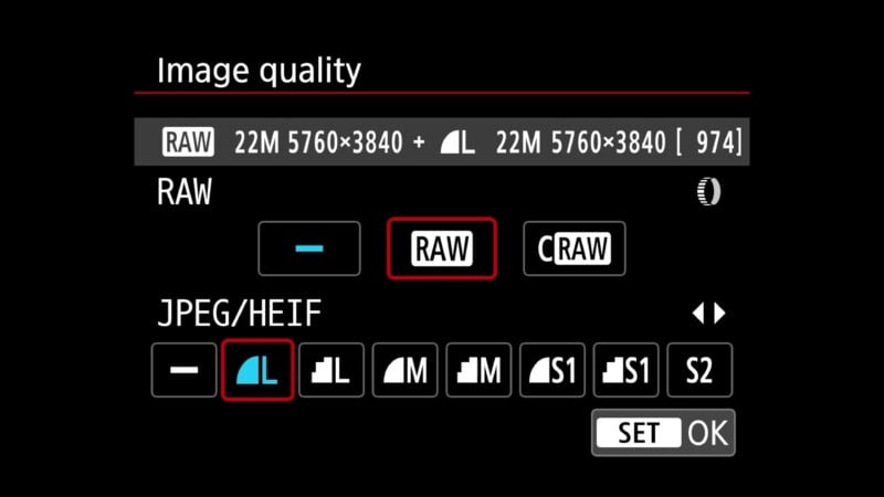 A digital camera screen displays image quality settings with RAW, CRAW, and various JPEG/HEIF options, highlighting RAW and JPEG Large. The image resolution shown is 22MP, 5760×3840 pixels.