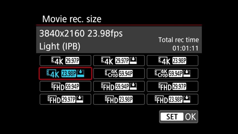 Camera screen showing movie recording settings. 4K resolution at 3840x2160, 23.98fps, Light (IPB) mode is selected. Other frame rates and recording sizes, including FHD and crop modes, are available to choose.