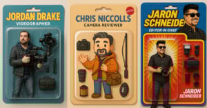 Three illustrated action figures: Jordan Drake with video gear, Chris Niccolls with camera kit, and Jaron Schneider with camera accessories. Each has their name and role (videographer, camera reviewer, editor-in-chief) on retro card packaging.