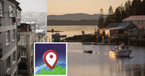 A composite image showing an urban apartment building in the rain on the left, a peaceful coastal village with boats at sunset on the right, and a location pin icon over a globe in the center.