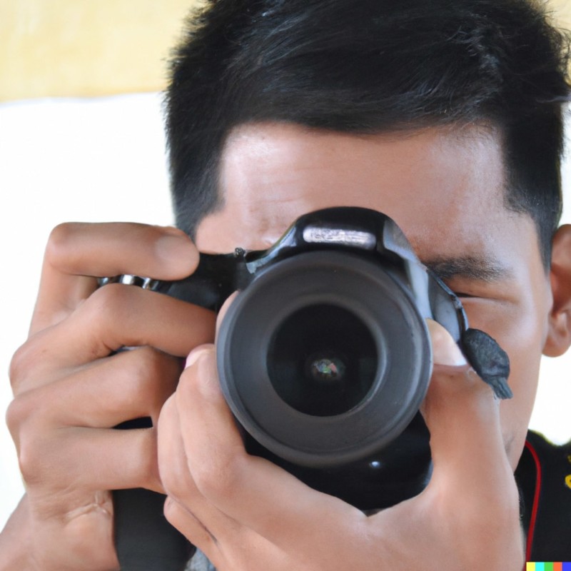 A close-up of a man using a camera, focusing intently through the viewfinder. his face is partially obscured by the camera.