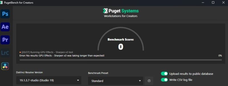 Screenshot of the PugetBench for Creators software interface showing a benchmark score of 0. The image lists an error: "No results GPU Effects - Sharpen x3 was taking longer than expected!" Options for database upload and CSV log are visible.