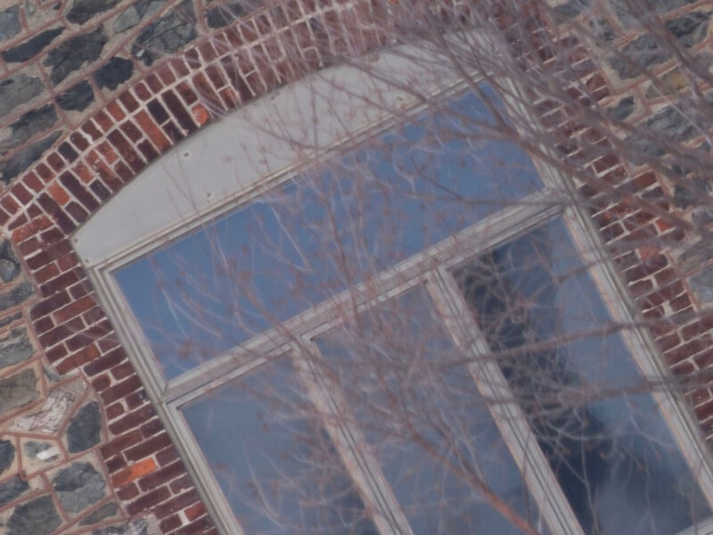 A large arched window set in a brick wall. The reflection of the sky is visible in the glass panes. Bare tree branches are in the foreground, partially obscuring the view of the window.