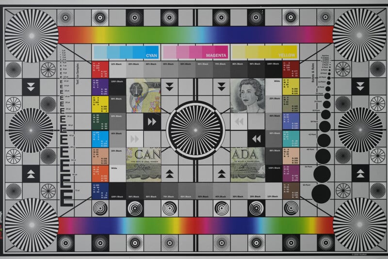 A detailed TV test pattern with grayscale gradients, color bars, geometric shapes, resolution patterns, concentric circles, and images of Canadian currency and a portrait, used for calibrating image quality.