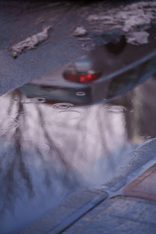Reflection of bare tree branches and cloudy sky in a puddle on asphalt. A blurry part of a car with a red taillight is visible in the water. Ripples disturb the puddle's surface.