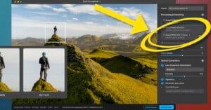Image showing a photo editing software interface. A man stands on a grassy hill with mountains in the background. There's a before and after comparison. A yellow arrow highlights processing settings labeled "DeepPRIME XD/100%.