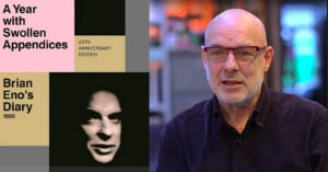 Cover of "A Year with Swollen Appendices" featuring a black-and-white photo on the left, with the title and "Brian Eno's Diary 1995" text. On the right, an older man with glasses and a bald head is shown indoors against a blurred background.