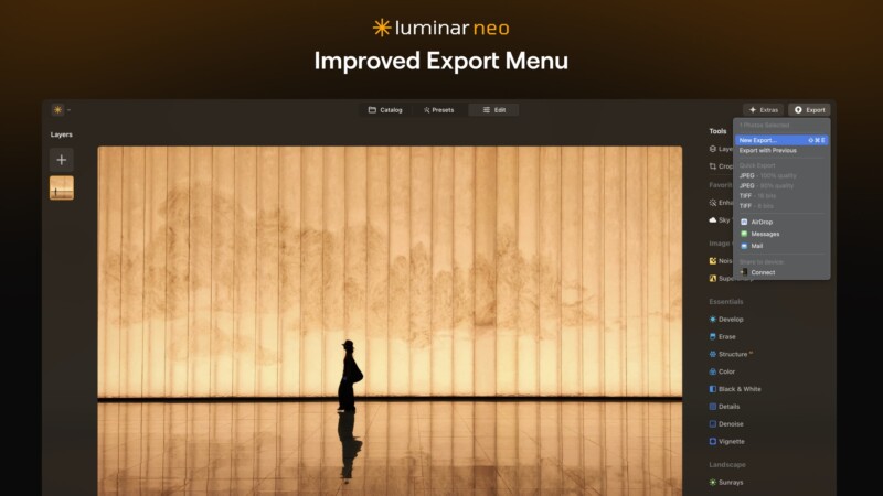 Screenshot of Luminar Neo’s improved export menu, showing a silhouette of a person walking in front of a large illuminated panel, with editing options and export settings visible to the right.