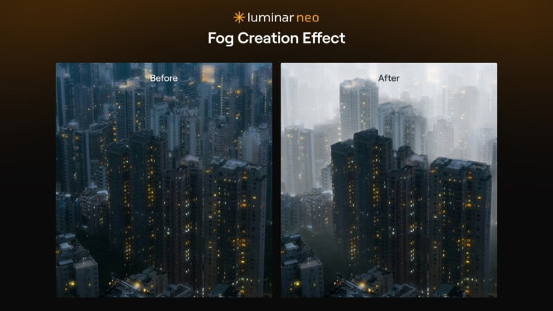 Side-by-side view of a city skyline; the left image shows dark buildings at night without fog, while the right image shows the same scene with a bright, dense fog effect applied, softening the buildings’ appearance.