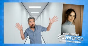 A surprised man stands in a bright, white hallway with his hands raised. Beside him is a portrait of a woman labeled "Jessica Lee Gagné, Severance, Director/Cinematographer" on a blue background.