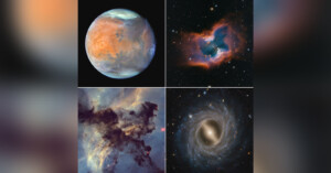A grid of four space images: a blue and orange planet, a colorful nebula with bright center, a dark dusty nebula, and a spiral galaxy with a bright core.
