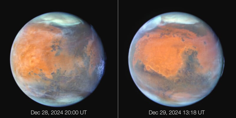 Side-by-side images of Mars taken on Dec 28, 2024, at 20:00 UT and Dec 29, 2024, at 13:18 UT, showing planetary surface details and color variations. Dates and times are labeled at the bottom.
