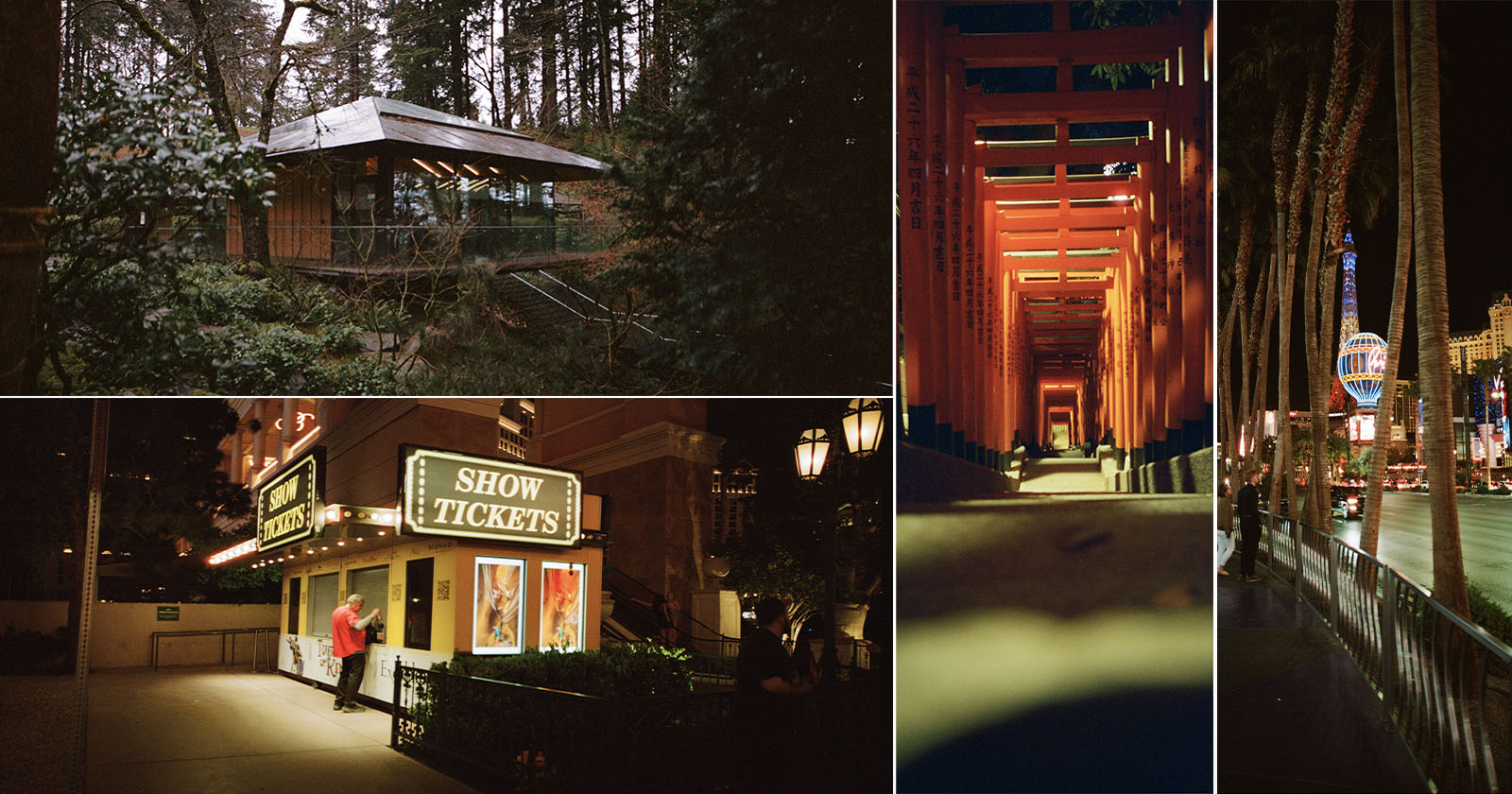 A collage of four photos: a house in a forest, a red torii gate tunnel at night, a lit "Show Tickets" booth, and a lively nighttime city scene with palm trees and glowing streetlights.