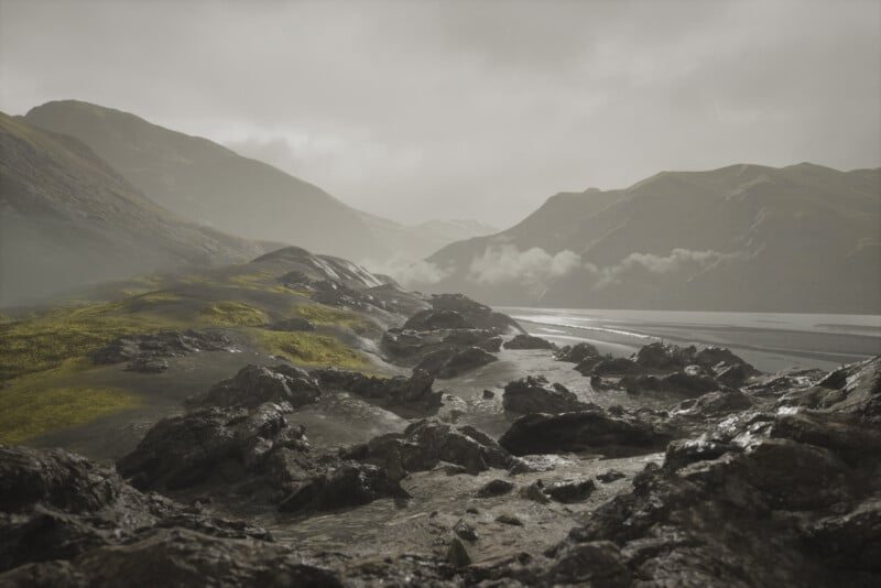 A misty landscape with rocky terrain and hills covered in patches of green moss. The scene features a winding river or road cutting through the valley, with cloudy skies adding a moody atmosphere.