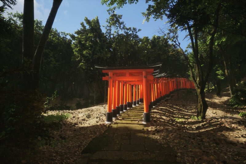 A pathway lined with vibrant red torii gates stretches into a forested area under a clear blue sky. Sunlight filters through the trees, casting shadows on the stone steps. The lush greenery surrounds the serene scene.