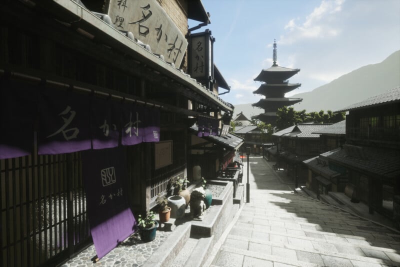 A serene street scene in a traditional Japanese village. Wooden buildings with banners line the stone-paved path. A pagoda rises in the background. Potted plants and a statue adorn the foreground, with sunlight casting gentle shadows.