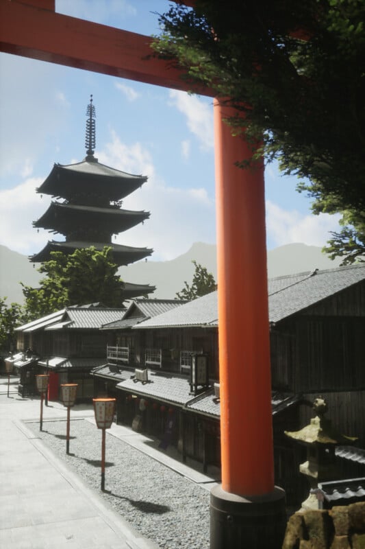 A traditional Japanese scene featuring a wooden pagoda and old-style buildings under a clear sky. A large torii gate frames the view, with greenery and lampposts lining the stone pathway.