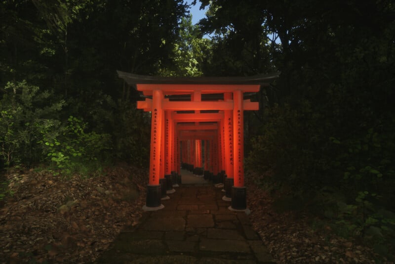 A pathway leads through a series of vibrant red torii gates surrounded by lush, green forest foliage. The sunlight filters through the trees, casting dappled shadows on the stone path, creating a serene and atmospheric scene.