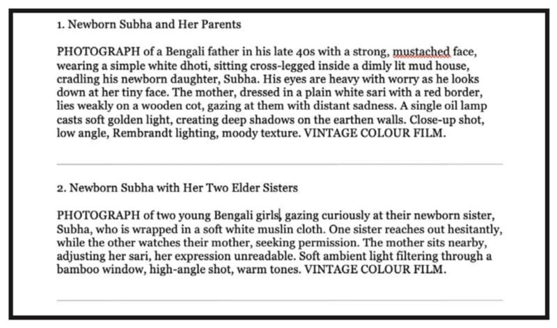 A screenshot shows two descriptive paragraphs detailing vintage-style photographs of a Bengali family, focusing on a father with his newborn daughter and the newborn with her two elder sisters.
