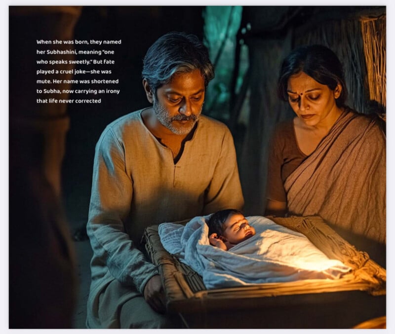 A man and woman sit beside a newborn baby wrapped in cloth, lying in a woven crib softly lit by warm light. The adults look down at the baby with solemn expressions. Text is displayed on the left side of the image.